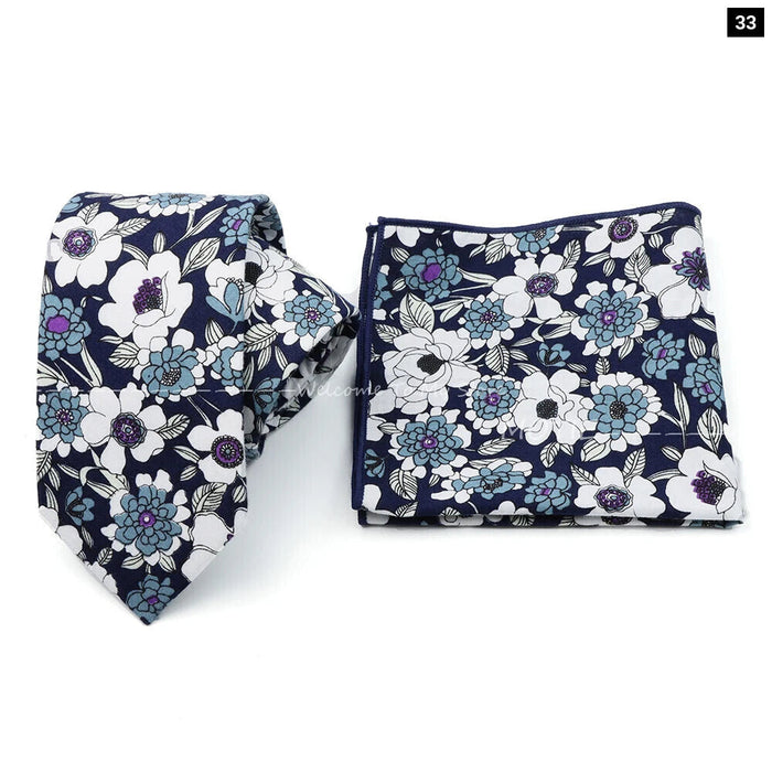 Floral Cotton Ties And Pocket Square Set For Business And Weddings