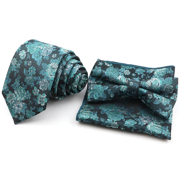 Green Floral Tie Set Classic Design Polyester For Weddings And Parties