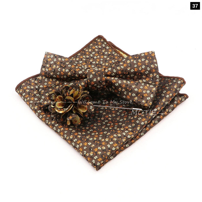 Blue Floral Pocket Square Set Bowtie Cufflink Brooch For Weddings