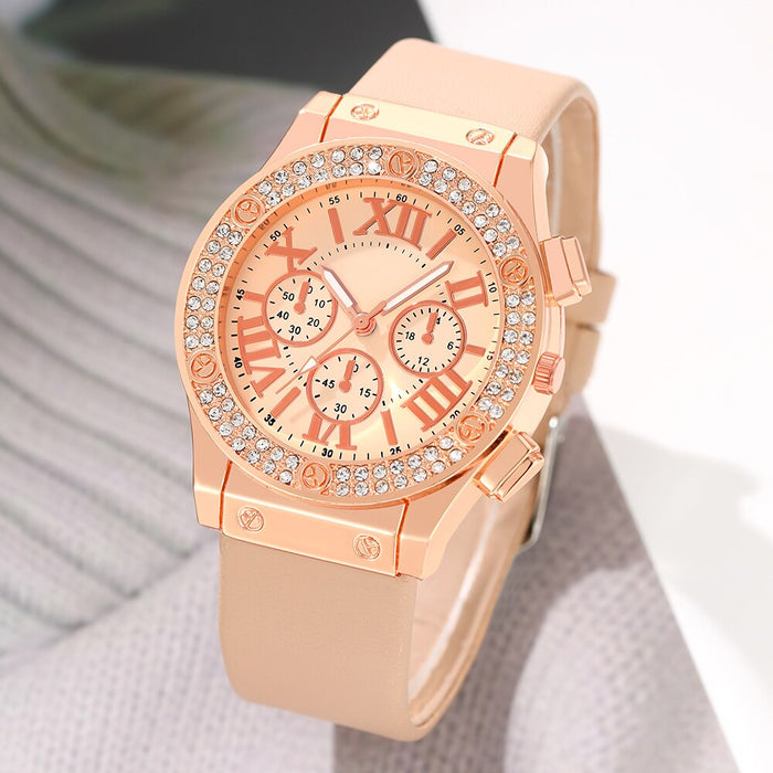 5Pcs Set Fashion Women Jewelry Watches Ladies Dress Leather Quartz Watch Rhinestone Womens Necklace Earrings Bracelet Wristwatch