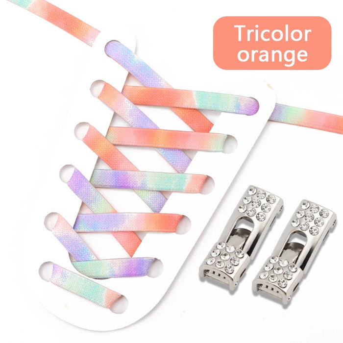 Rainbow No Tie 8Mm Wide Flats Diamond Cross Buckle Rubber Shoe Laces For Kids & Adults Shoes