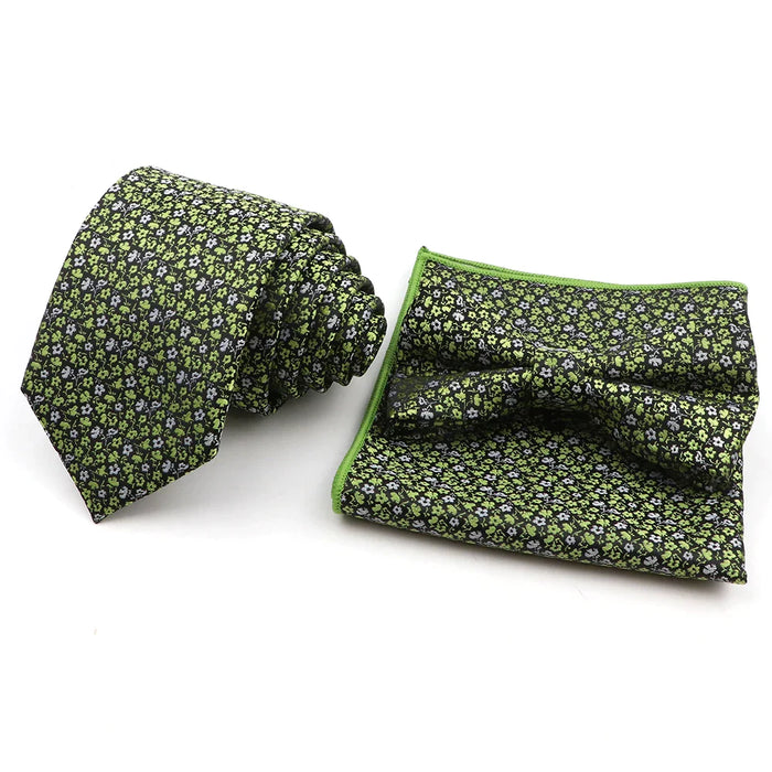 Green Floral Tie Set Classic Design Polyester For Weddings And Parties