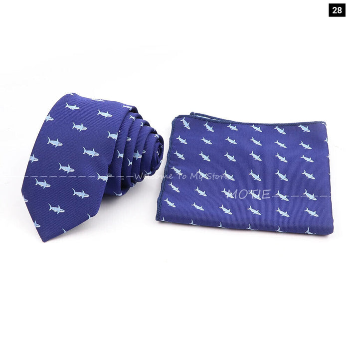 Cartoon Insect Tie Set Blue Bowtie Handkerchief Necktie For Men Business Party Casual Wear Gift