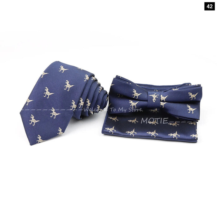 Cartoon Insect Tie Set Blue Bowtie Handkerchief Necktie For Men Business Party Casual Wear Gift