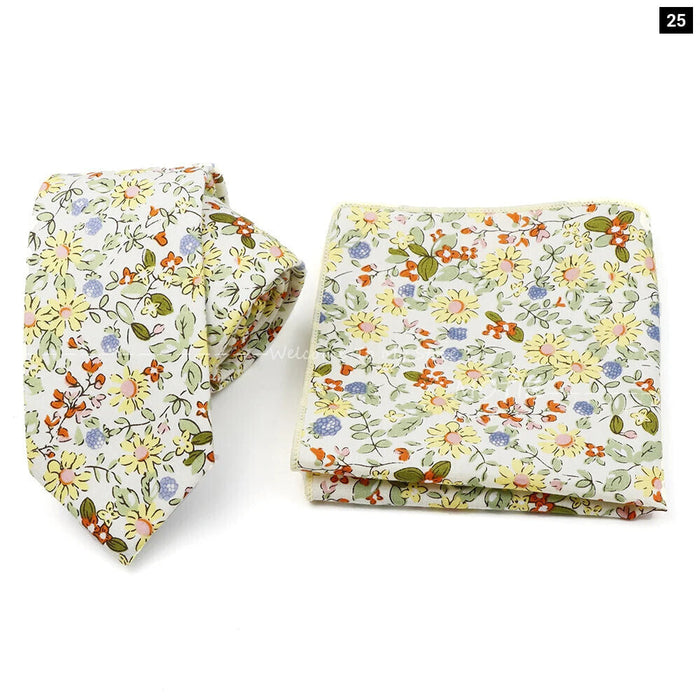 Floral Cotton Ties And Pocket Square Set For Business And Weddings