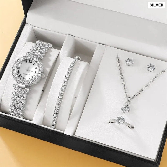 6Pcs Set Watches Set Luxury Rhinestone Women Fashion Elegant Wristwatch Quartz Watch For Ladies Clock