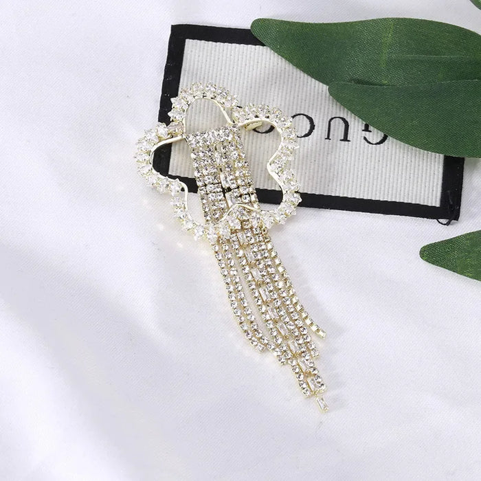 Rhinestone Tassel Brooch Korean Fashion Bow Tie Lapel Pin For Women