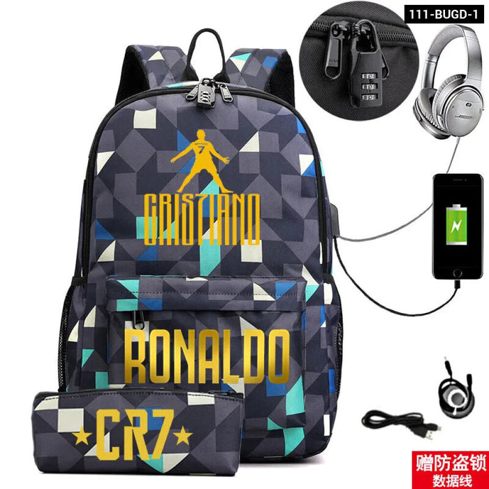 Ronaldo Printed Backpack With Usb And Lock 2 Piece Set