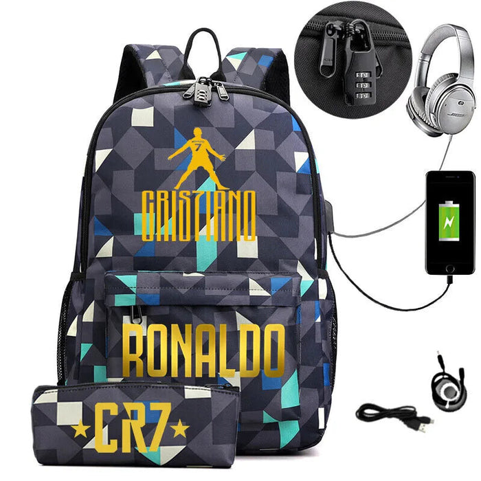 Ronaldo Printed Backpack With Usb And Lock 2 Piece Set