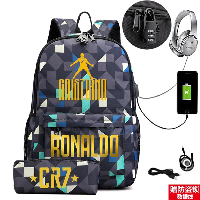 Ronaldo Printed Backpack With Usb And Lock 2 Piece Set