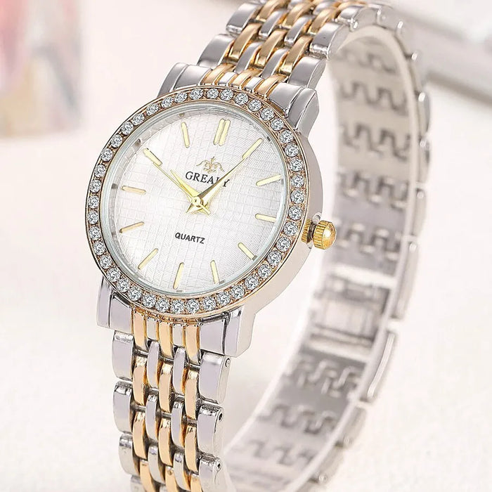 6Pcs Dainty Quartz Watches Simple Bracelet Women Leisure Casual Round Pointer Rhinestone Dial Watch Wheat Bracelet Set