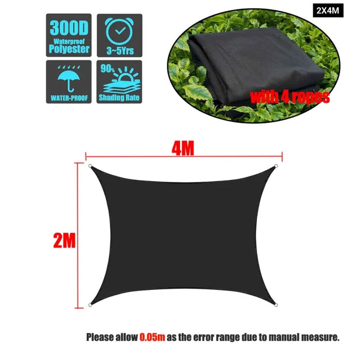 Black 420D Waterproof Square Rectangle Shade Sails Garden Terrace Canopy Swimming Sun Shade Camping Awnings