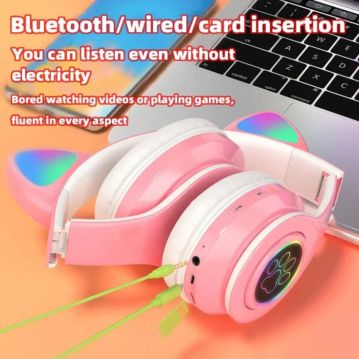 Foldable Wireless Headphones With Cat Ears And Led