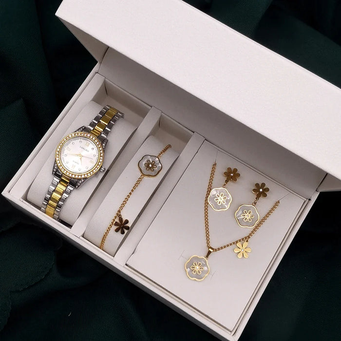 Womens Rhinestone Quartz Watch Steel Necklace Bracelet Earrings Ring Flower Jewelry Set With Box