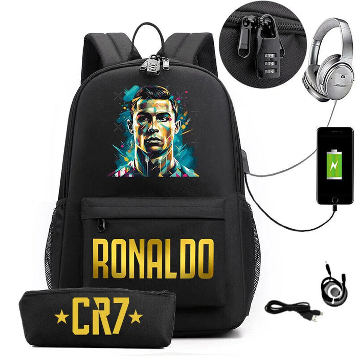 Ronaldo Printed Backpack With Usb And Lock 2 Piece Set