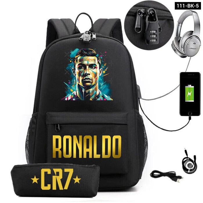 Ronaldo Printed Backpack With Usb And Lock 2 Piece Set