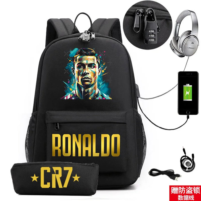 Ronaldo Printed Backpack With Usb And Lock 2 Piece Set