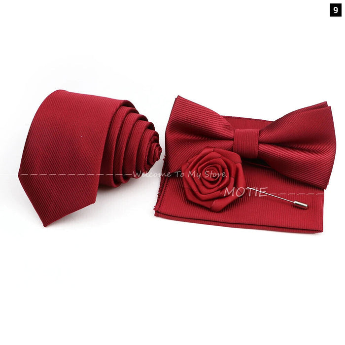 Tie Set Solid Colour Bowtie Handkerchief Brooch Cufflink For Business Weddings And Gifts