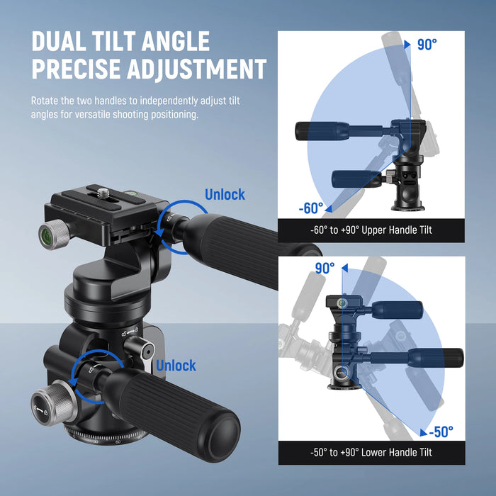 3 Way Pan/Tilt Tripod Head With ±15° Leveling Bowl Base Precise Damping Friction