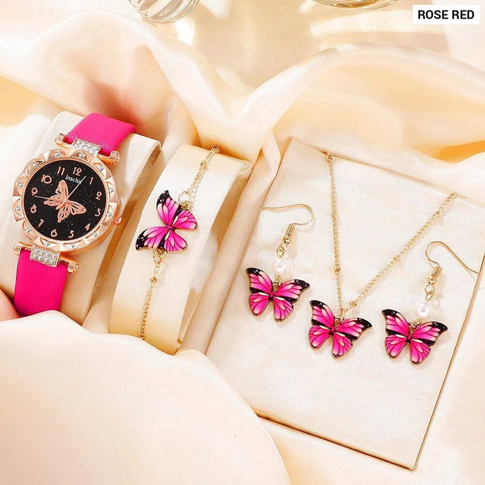 5Pcs Set Womens Fashion Quartz Watch Female Clock Rose Red Butterfly Luxury Brand Design Women Watches Simple Ladies Wrist Watch