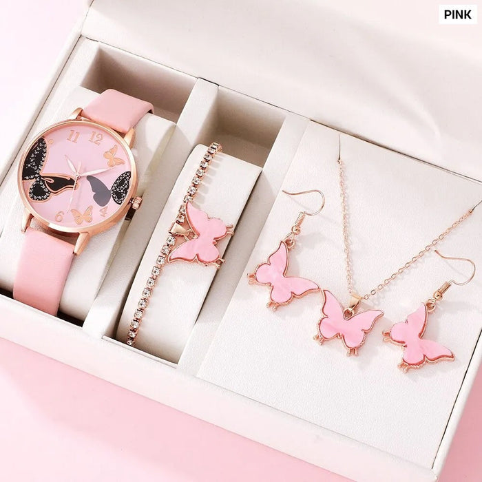 6Pcs Set Women Butterfly Dial Watch Brand Design Female Clock Pink Leather Band Ladies Watches Fashion Casual Quartz Wristwatche