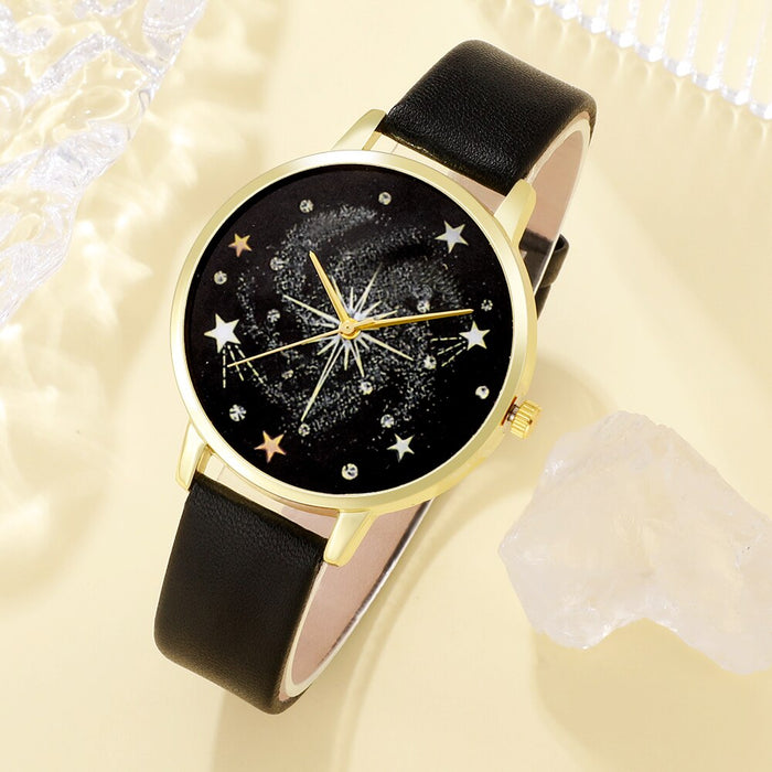 5Pcs Set Women Fashion Watch Casual Leather Belt Watches Ladies Starry Sky Dial Quartz Wristwatches Dress Clock