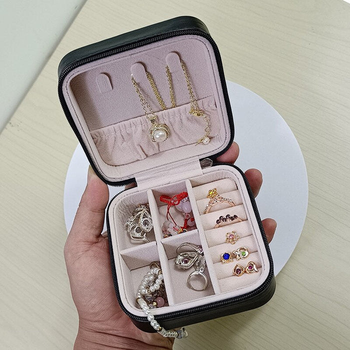 Solid Colour Jewelry Organizer Leather Square Small Round Box Ring Earrings Portable Travel Jewelry Storage Bag