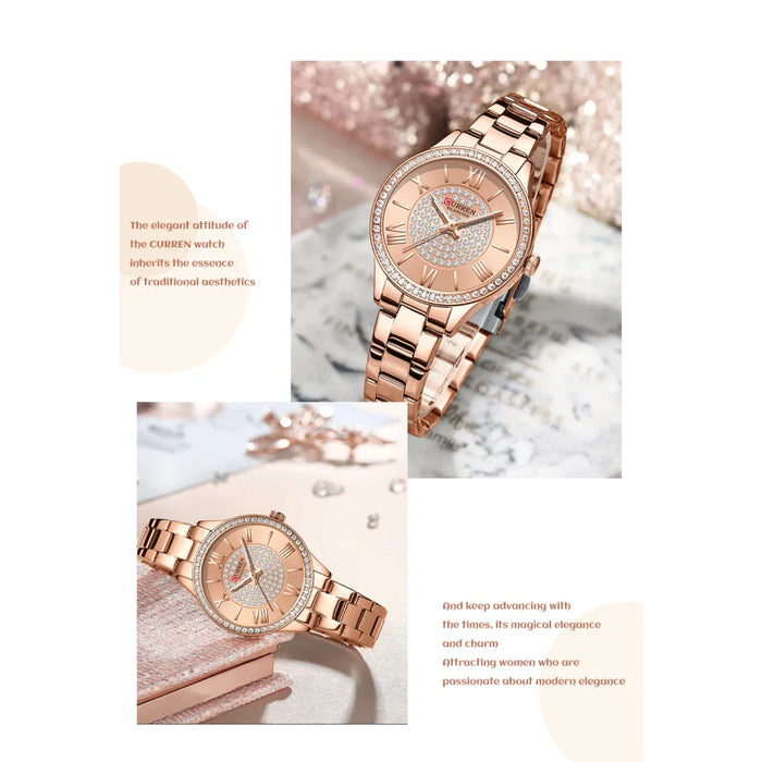 Stainless Steel Rhinestones Rose Dial Quartz Wristwatches For Women