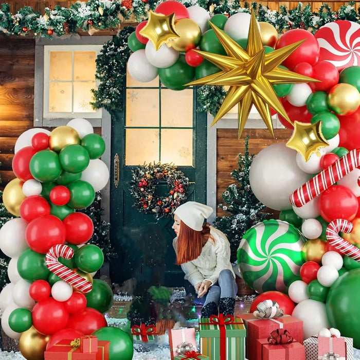 118Pcs Festive Christmas Balloon Garland Set Red Green White Gold Balloon Star Candy Cane And Gift Box Festive Decoration