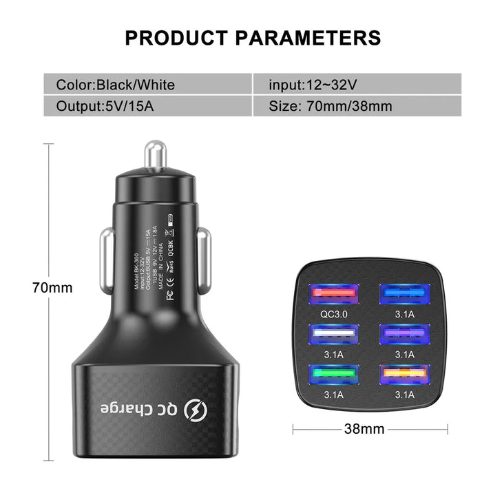 6 Port 75W Qc 3.0 Car Charger For Iphone 13/12 Pro