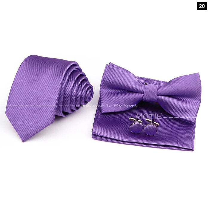 Tie Set Solid Colour Bowtie Handkerchief Brooch Cufflink For Business Weddings And Gifts