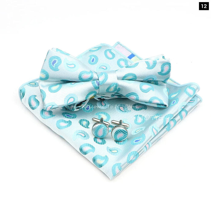 Blue Floral Pocket Square Set Bowtie Cufflink Brooch For Weddings