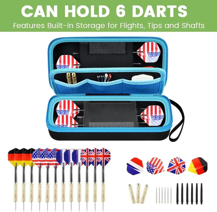 6 Piece Steel Soft Tip Darts Case Holds 6 Darts Tips Shafts Flights