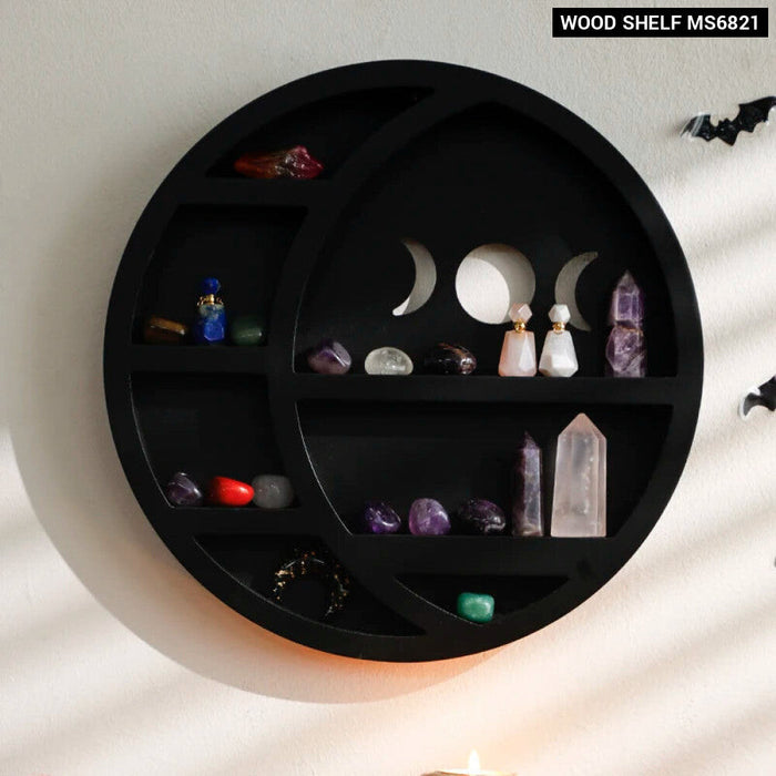 Wooden Crescent Moon Shelf With Crystal Stone Holder