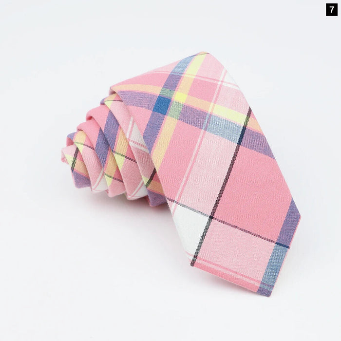 Mens Soft Cotton Striped Plaid Tie Blue Pink Business Wedding Accessory