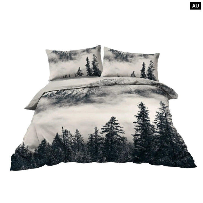 3 Piece Mountain And Tree Bedding Set Duvet Cover With 2 Pillow Shams