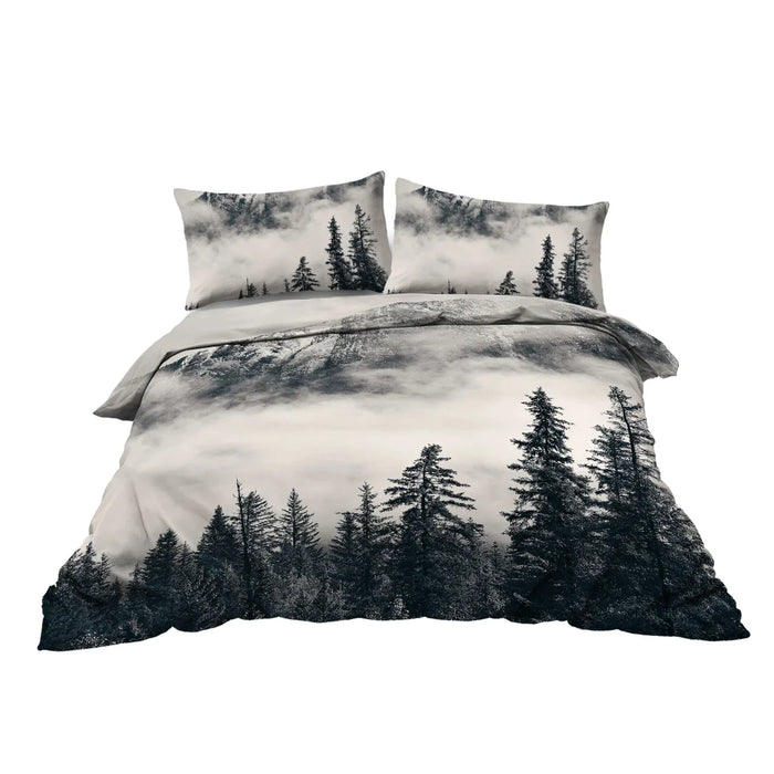 3 Piece Mountain And Tree Bedding Set Duvet Cover With 2 Pillow Shams