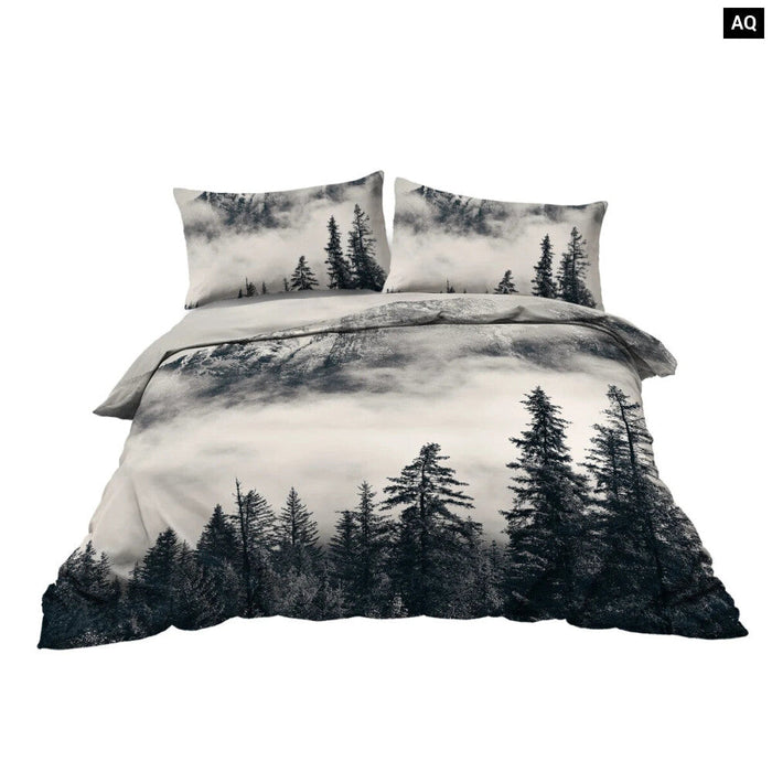 3 Piece Mountain And Tree Bedding Set Duvet Cover With 2 Pillow Shams