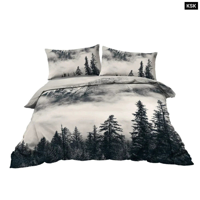 3 Piece Mountain And Tree Bedding Set Duvet Cover With 2 Pillow Shams