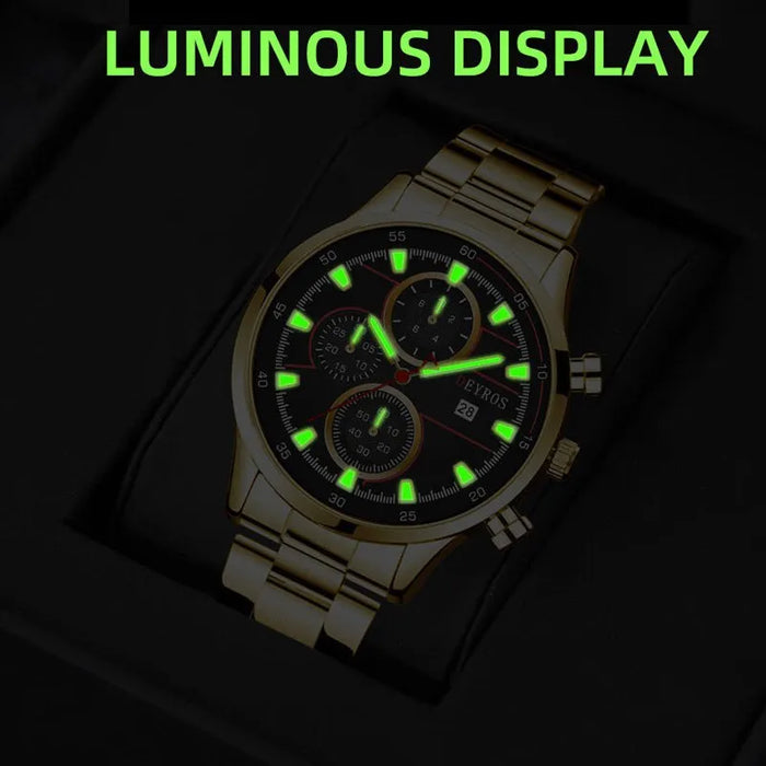 Men's Fashion Luxury Gold Stainless Steel Quartz Watches Man Calendar Sports Clock Male Luminous Watch Necklace Set