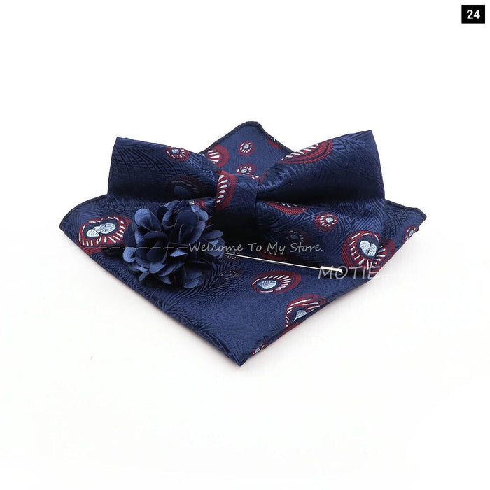 Blue Paisley Bowtie Set Polyester Skinny Pocket Square