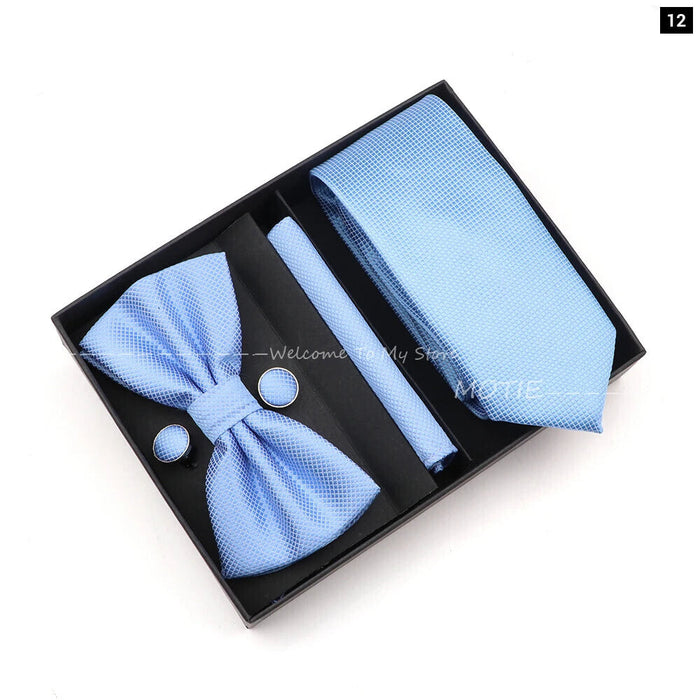 Premium Striped Tie Set Box Necktie Bowtie Handkerchief Cufflinks For Weddings And Suits