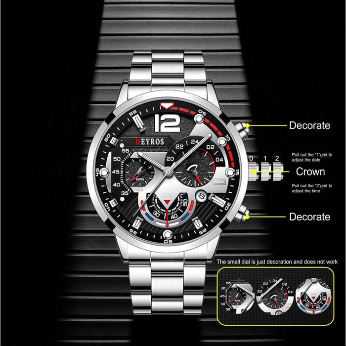 Fashion Mens Watches Luxury Stainless Steel Quartz Wristwatch Calendar Luminous Clock Men Business Casual Watch