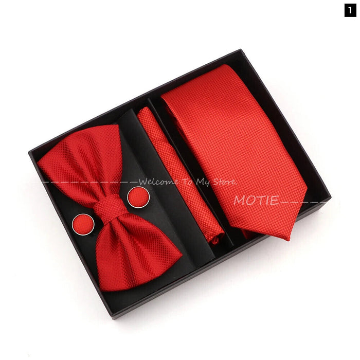 Premium Striped Tie Set Box Necktie Bowtie Handkerchief Cufflinks For Weddings And Suits