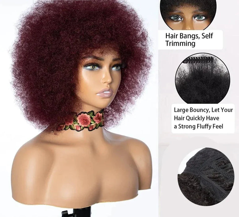 Short Afro Kinky Curly Human Hair Wig With Thick Bangs