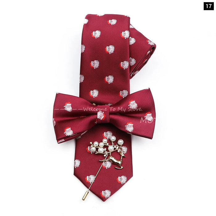 Christmas Tie Set Red Snowflake Bowtie And Brooches For Parties And Gifts