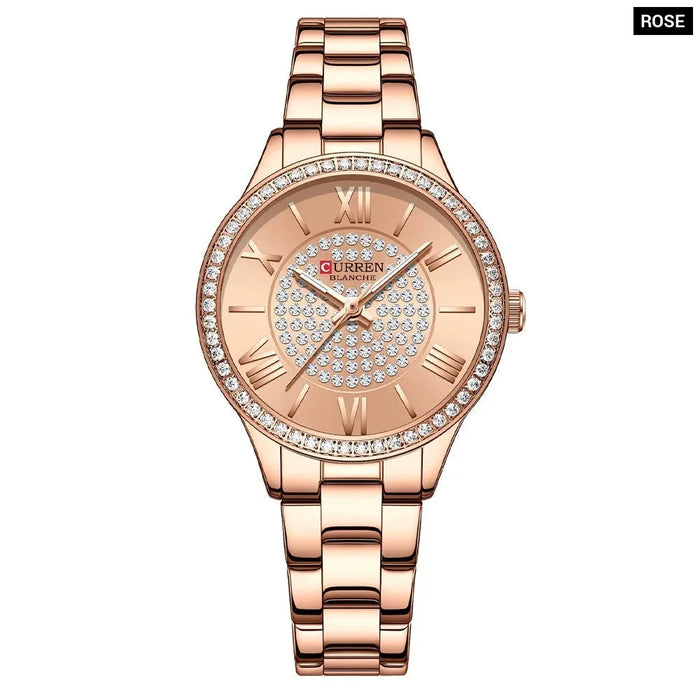 Stainless Steel Rhinestones Rose Dial Quartz Wristwatches For Women