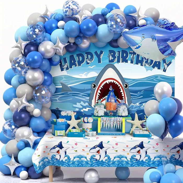 126Pcs Ocean Themed Shark Balloon Garland Arch Set - Birthday Party Blue And White Round Balloon Indoor And Outdoor Decoration