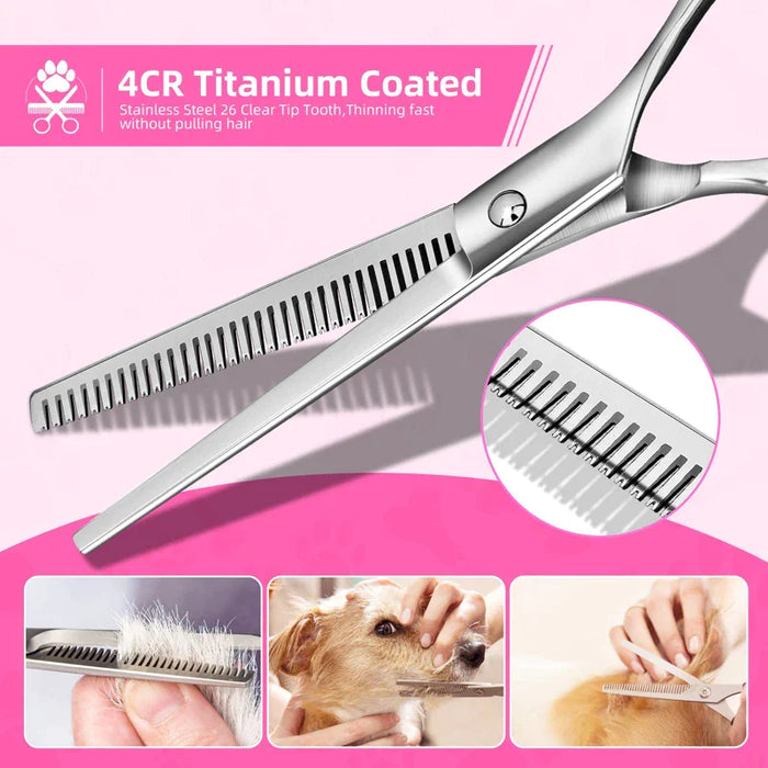 Stainless Steel Dog Grooming Scissors Set Safe Ergonomic Pet Trimmer Kit With Thinning Straight And Curved Shears Comb