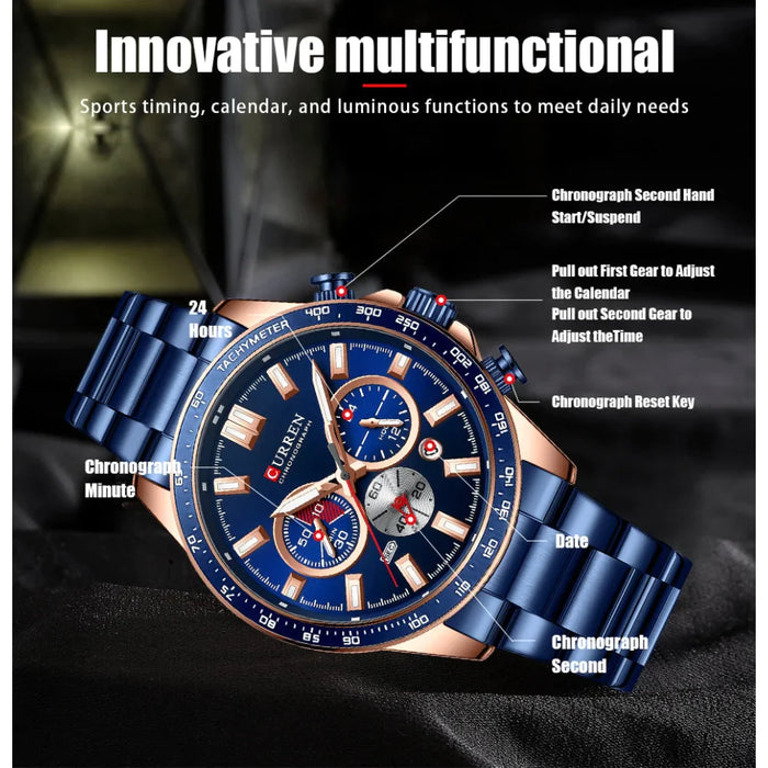 Stainless Steel Sports Chronograph Quartz Wristwatches With Luminous Hands For Men